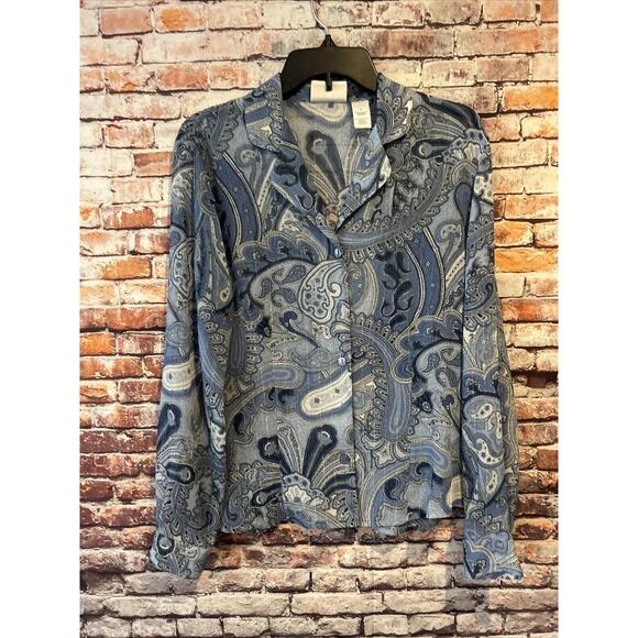 Blue Paisley Sheer Alfred Dunner Button Up Metallic Blouse Top Women’s Size 8 - Picture 1 of 4
